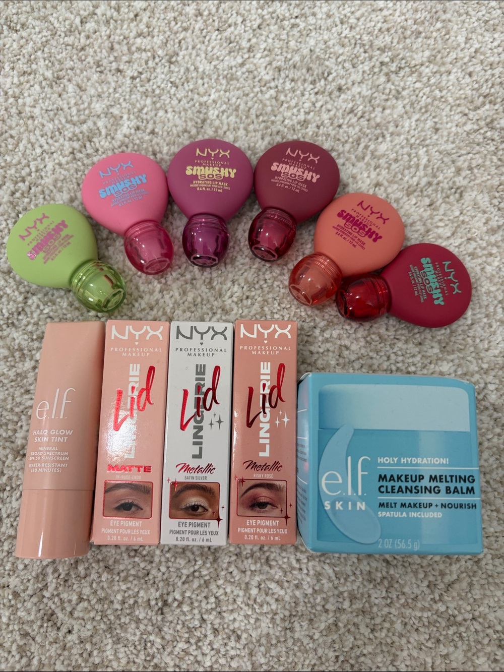 NYX & Elf Bundle Smushy Bomb Lip Tint Halo Glow Cleansing Balm Lid Lingerie